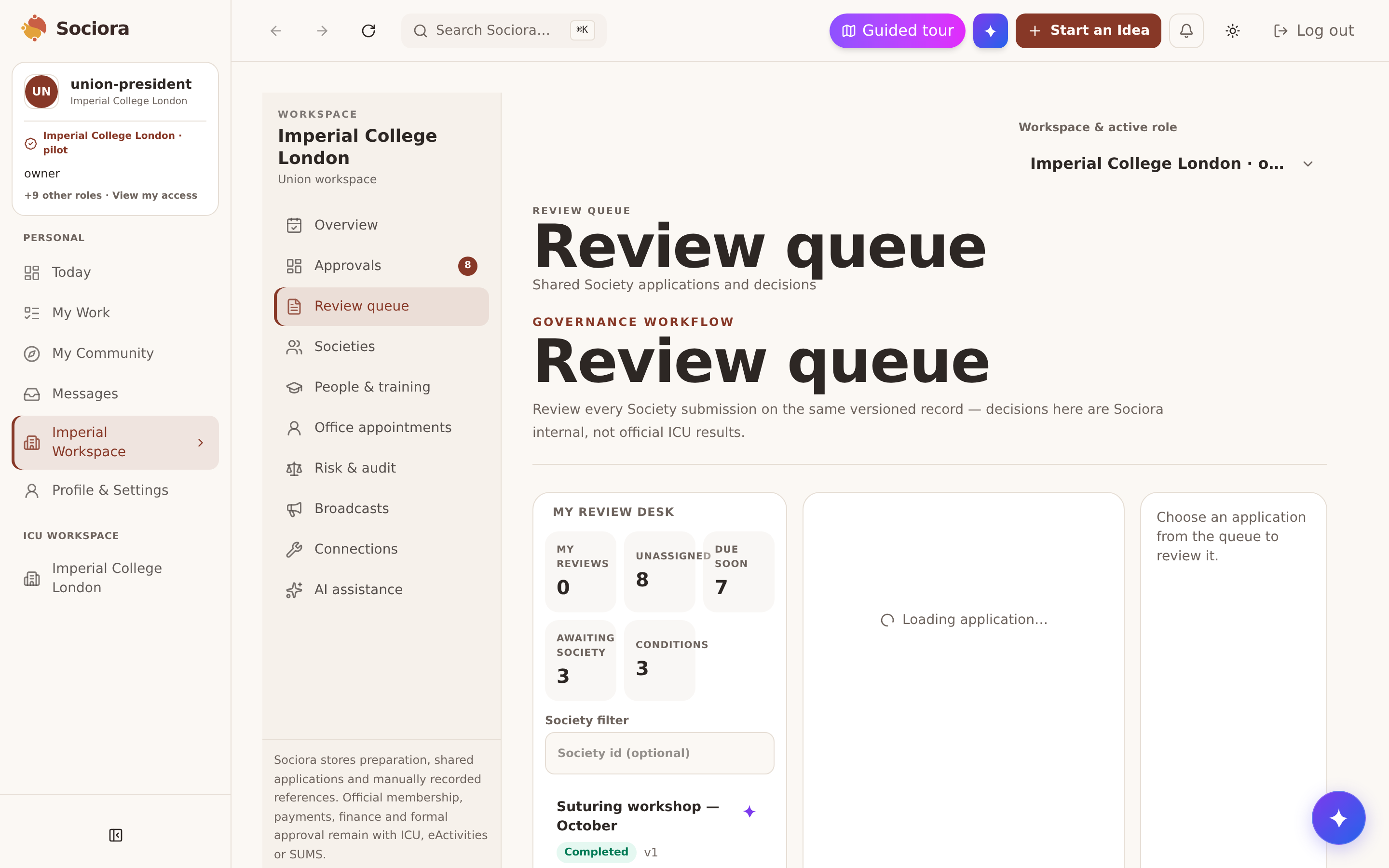 Sociora review desk showing a society application with evidence and reviewer notes on one record.